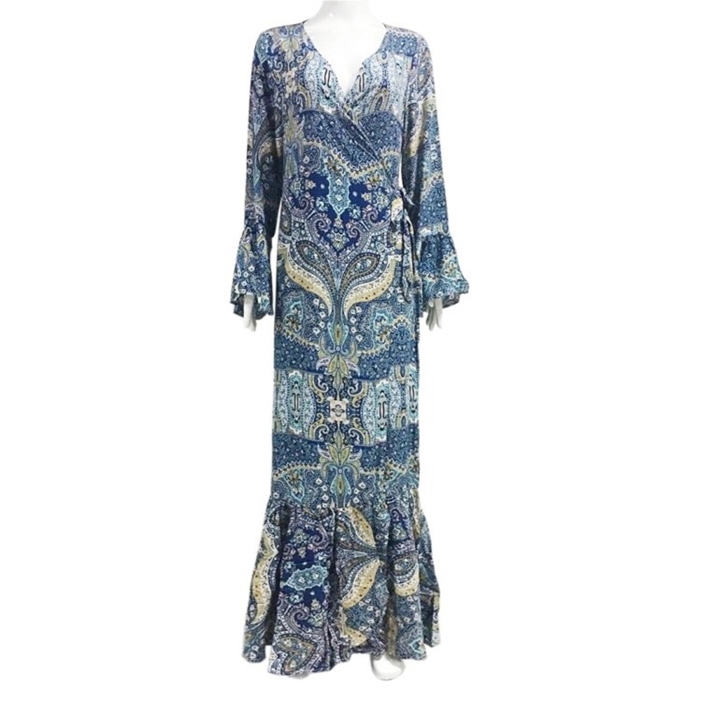 New Maxi Boho Blue Paisley Floral Long Dress - Picture 5 of 7
